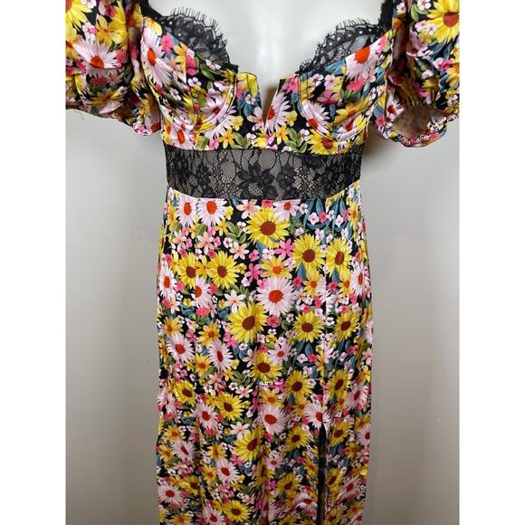 FOR LOVE & LEMONS Sylvia Floral Puff Sleeve Lace Bustier Maxi Dress Size XS - Picture 7 of 12